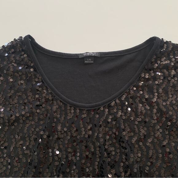 Rhapsody Sheer Black Sequin Short Cap Sleeve Blouse Shirt Large - Picture 2 of 7